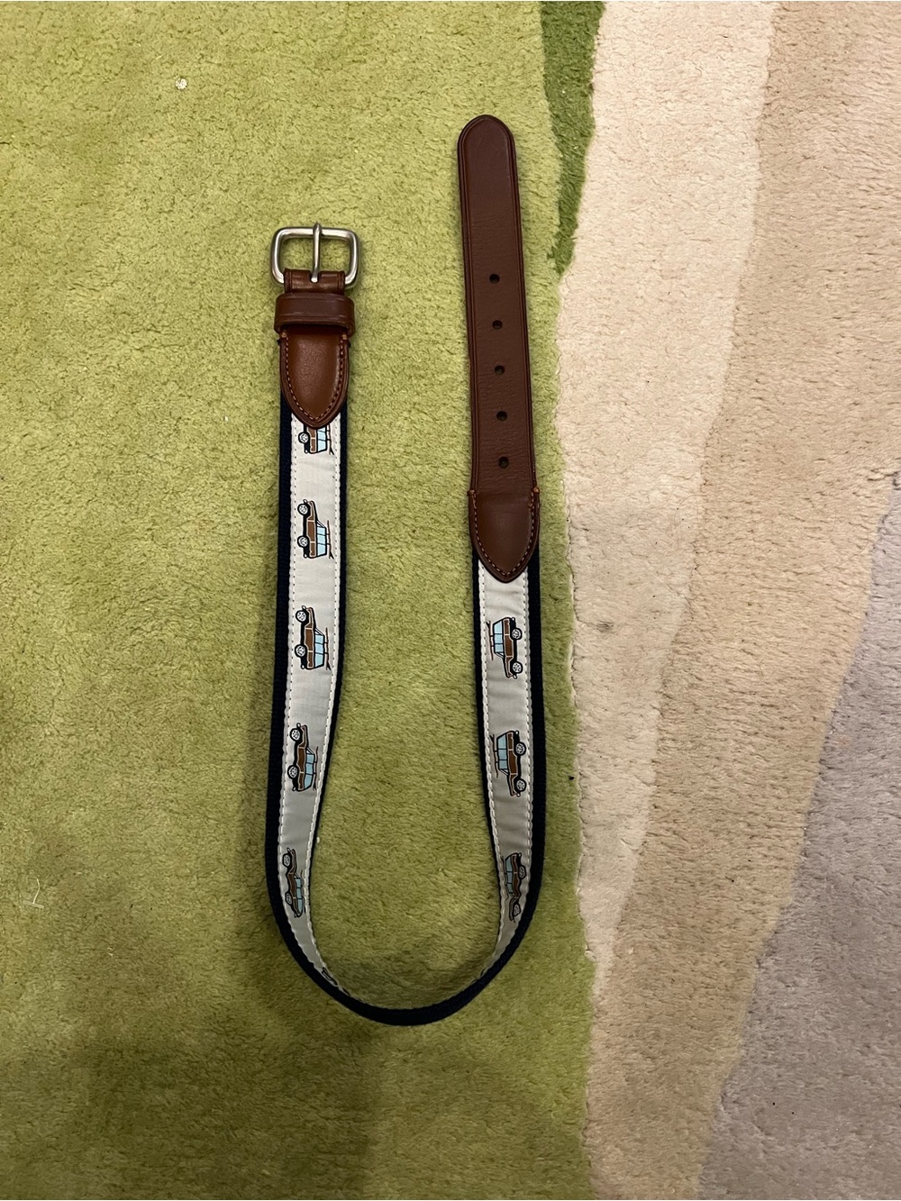 J Crew Crewcuts Kids Boys Belt Size L Large Leather Canvas w/Car Surfboard Motif